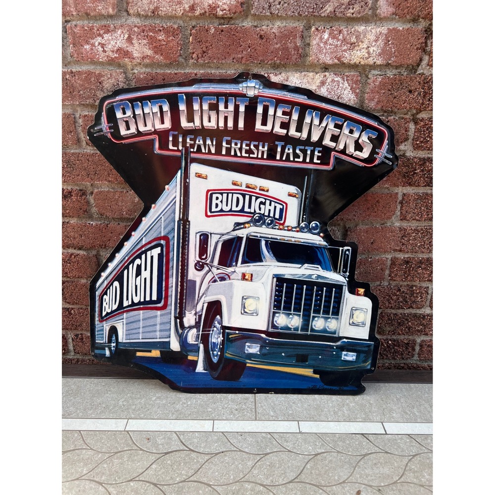 Vintage 1991 Bud Light Delivers Metal Sign Semi Truck Tin Tacker 813-124 USA
